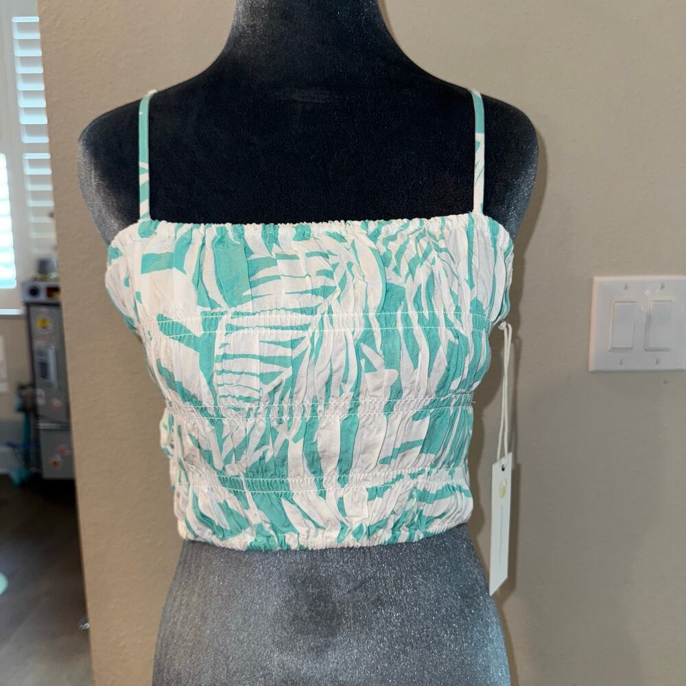 Ocean Drive NWT Tropical Smocked Cami Crop Top Leaf Print Turquoise Medium